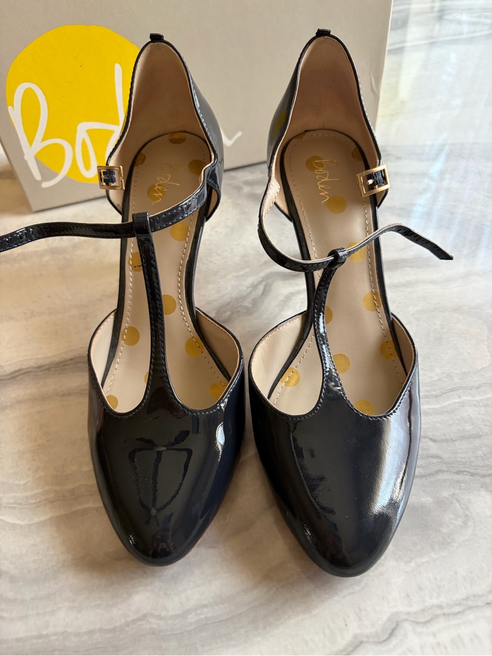 BODEN Navy Patent Buckle Pumps